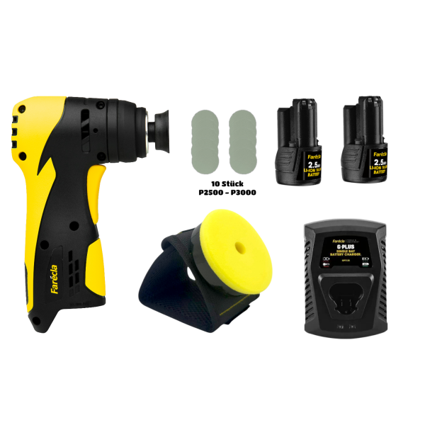 Farecla Akku-Blütenschleifer Kit 31 mm oszilierend  Ladegerät, 2. Akku Blütenbefeuchter  und 100 ml G360