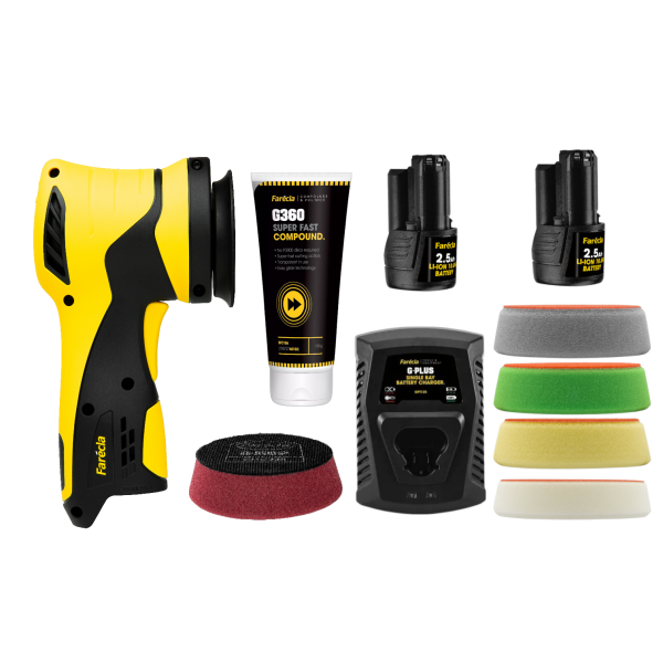 Farecla Akku-Minipolierer Kit 74 mm exzentrisch m. Ladegerät, 2.Akku 5 Polierschäume  und 100 ml G360 GPT225